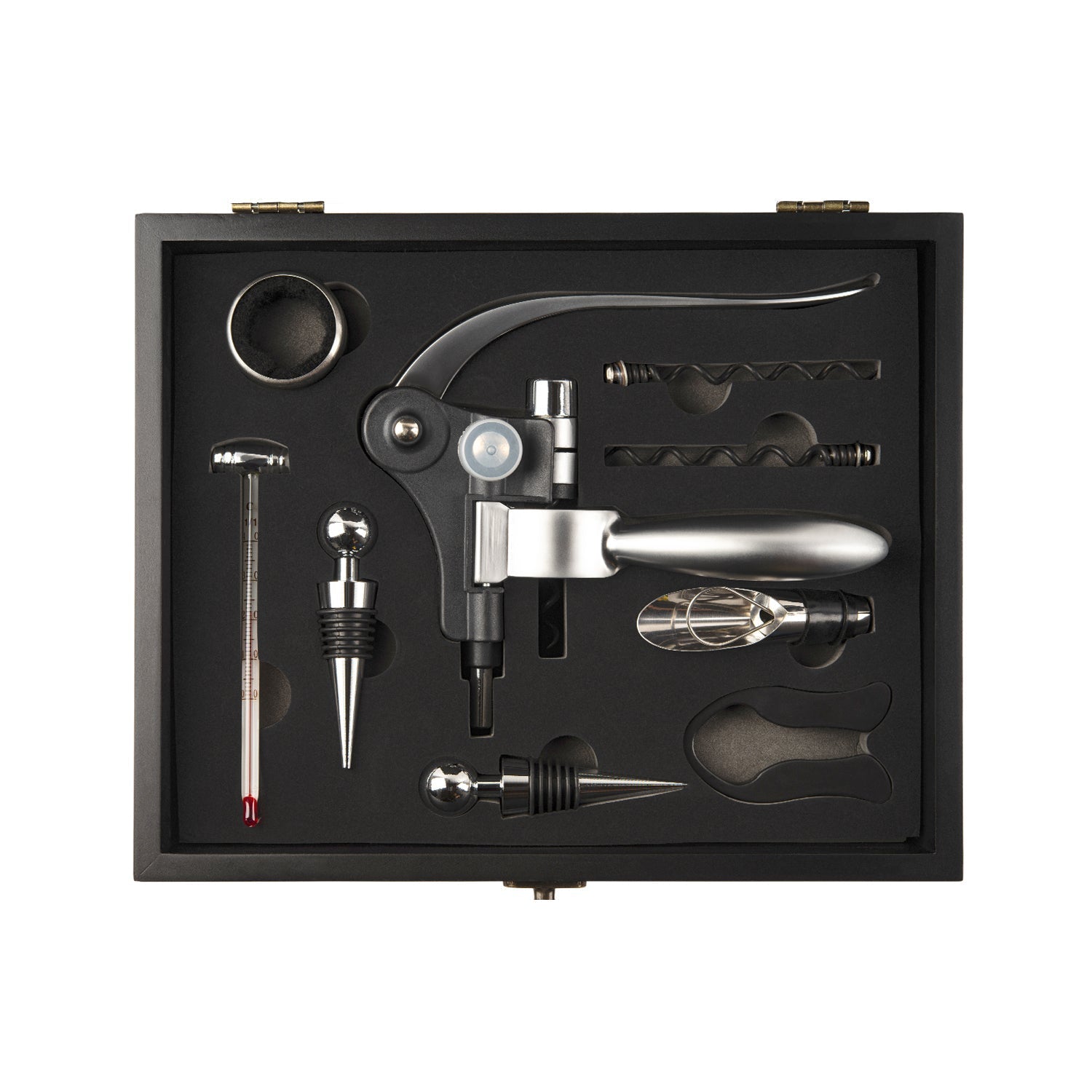 The Hotel Collection Wine Accessory set is a black box featuring stainless steel hardware and metal clasps. Inside the gift set sits a Wine Pourer, Lever Corkscrew/Rabbit Style Opener, Bottle Ring, Drop Stopper, Foil Cutter, 2 Wine Stoppers, 2 Spare Screws, and a Thermometer.